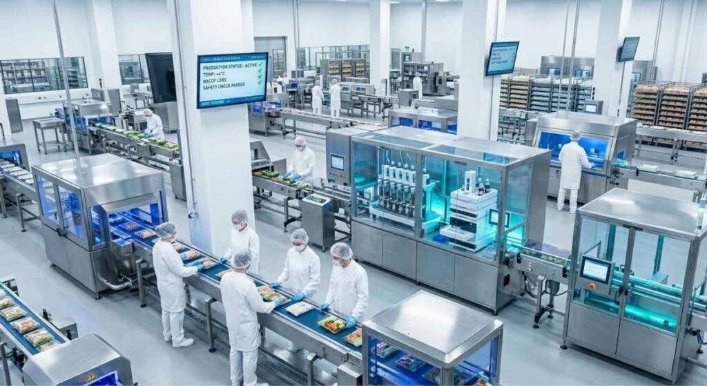 Línea de producción automatizada en planta de alimentos cumpliendo con estándares de inocuidad FSSC 22000 Versión 6.