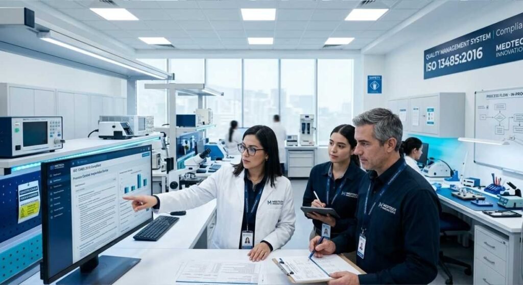 Profesionales en capacitación técnica sobre la norma ISO 13485:2016 para la industria de dispositivos médicos.