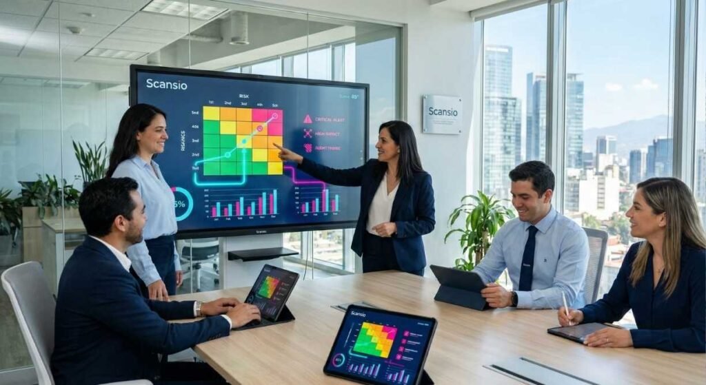 Analistas estratégicos evaluando matrices de riesgo para el curso de ISO 31000 de Scansio.